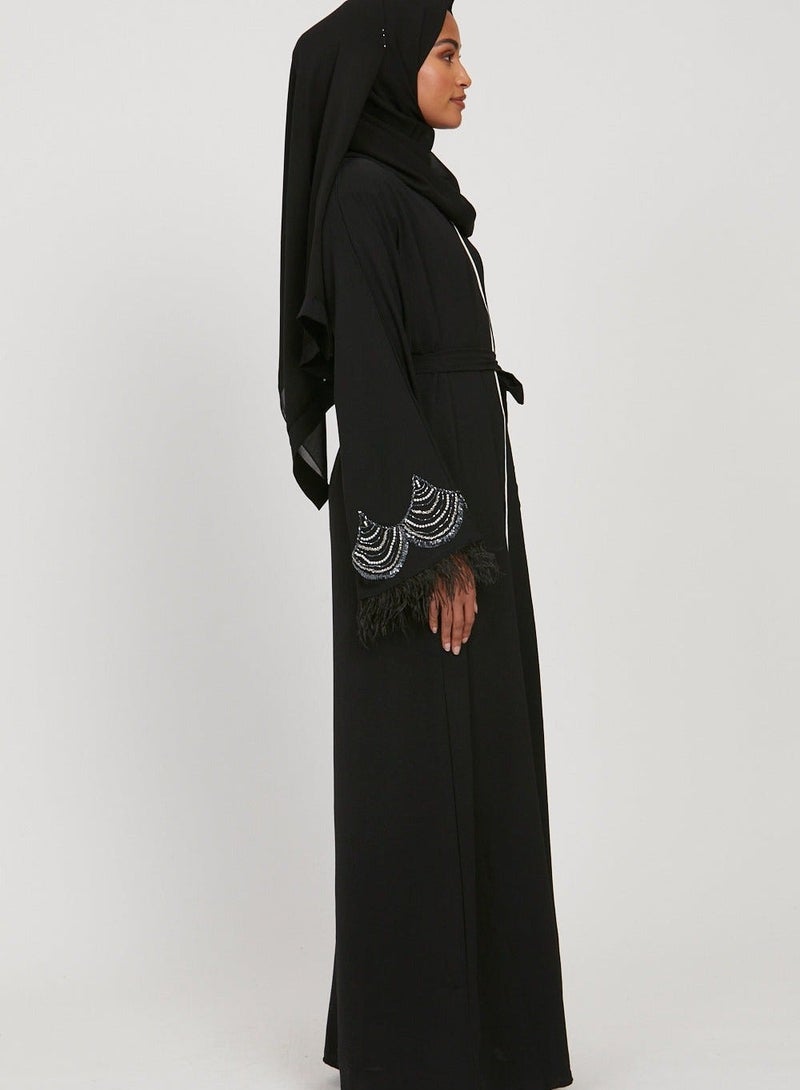 NUKHBAA Elegant Black plain abaya wityh belt and Hijab-N243A - Image 2